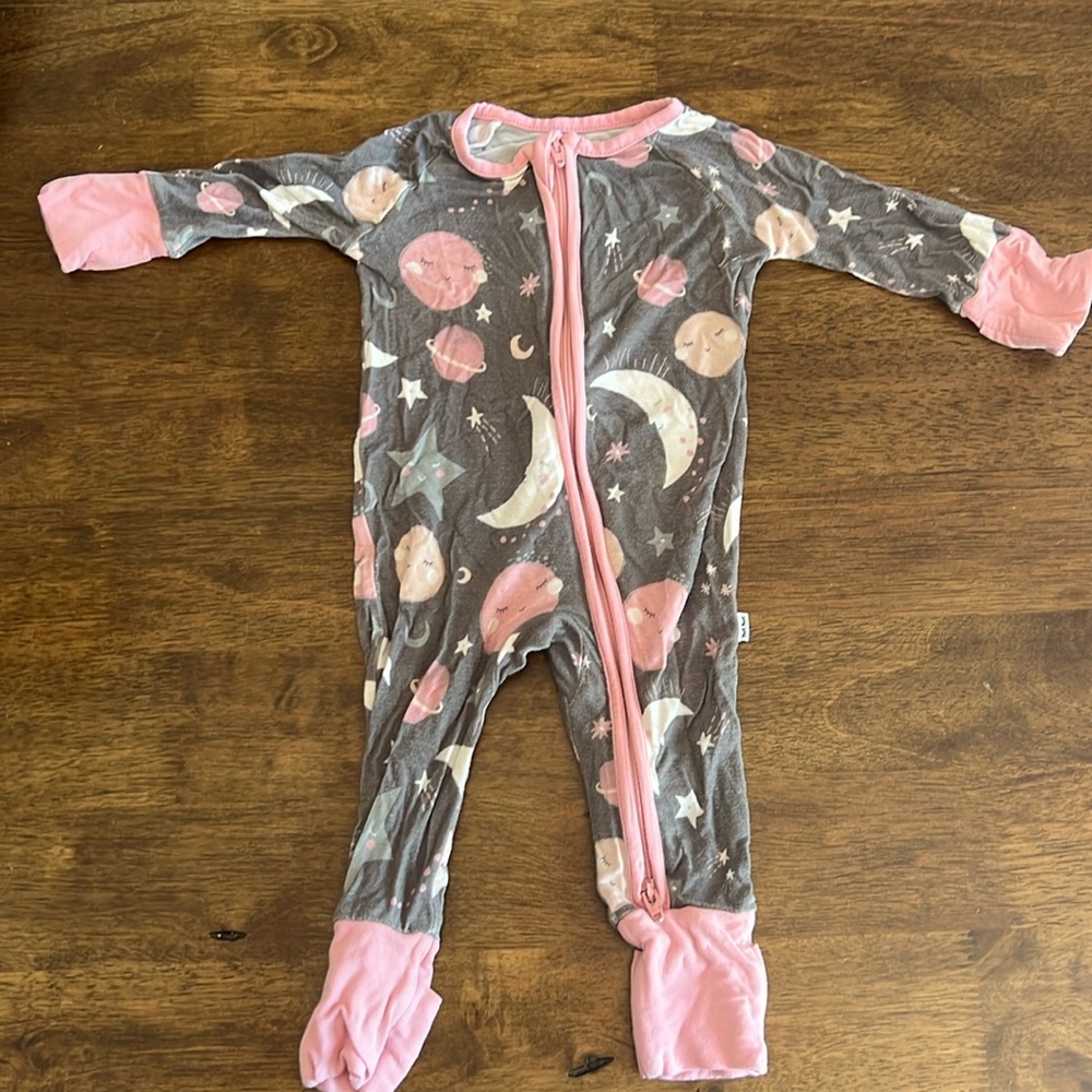 Size NB Little Sleepies bamboo “Pink to the Moon” zippie